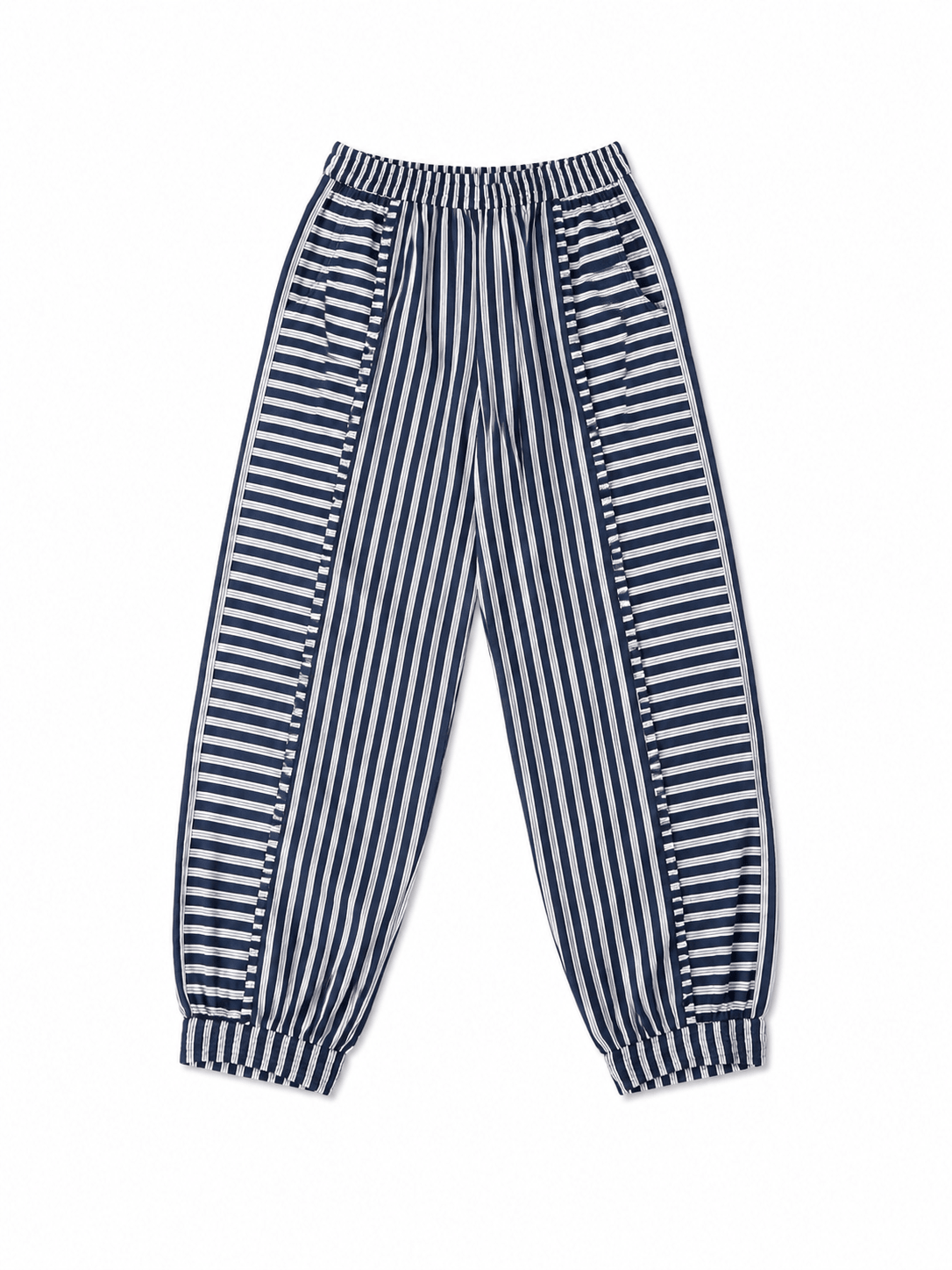 Anaaro - tapered pants in hand block print striped cotton with frill detail - CiceroniWomen PantsAnaaro