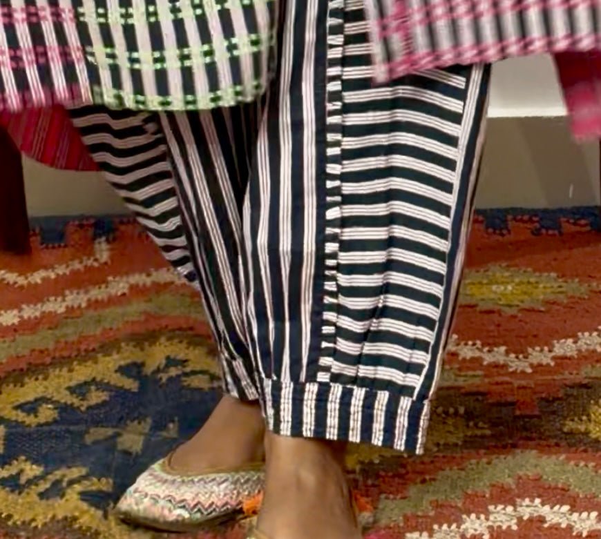 Anaaro - tapered pants in hand block print striped cotton with frill detail - CiceroniWomen PantsAnaaro
