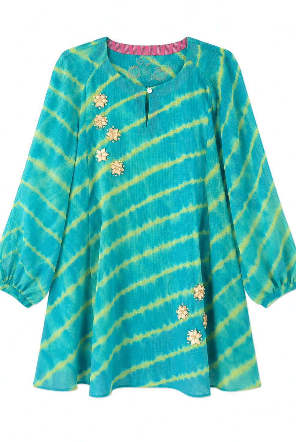 Anaaro - turquoise blue and lime yellow 100% cotton kota doria a-line leheriya tunic top with pants set - Ciceronitunic setAnaaro