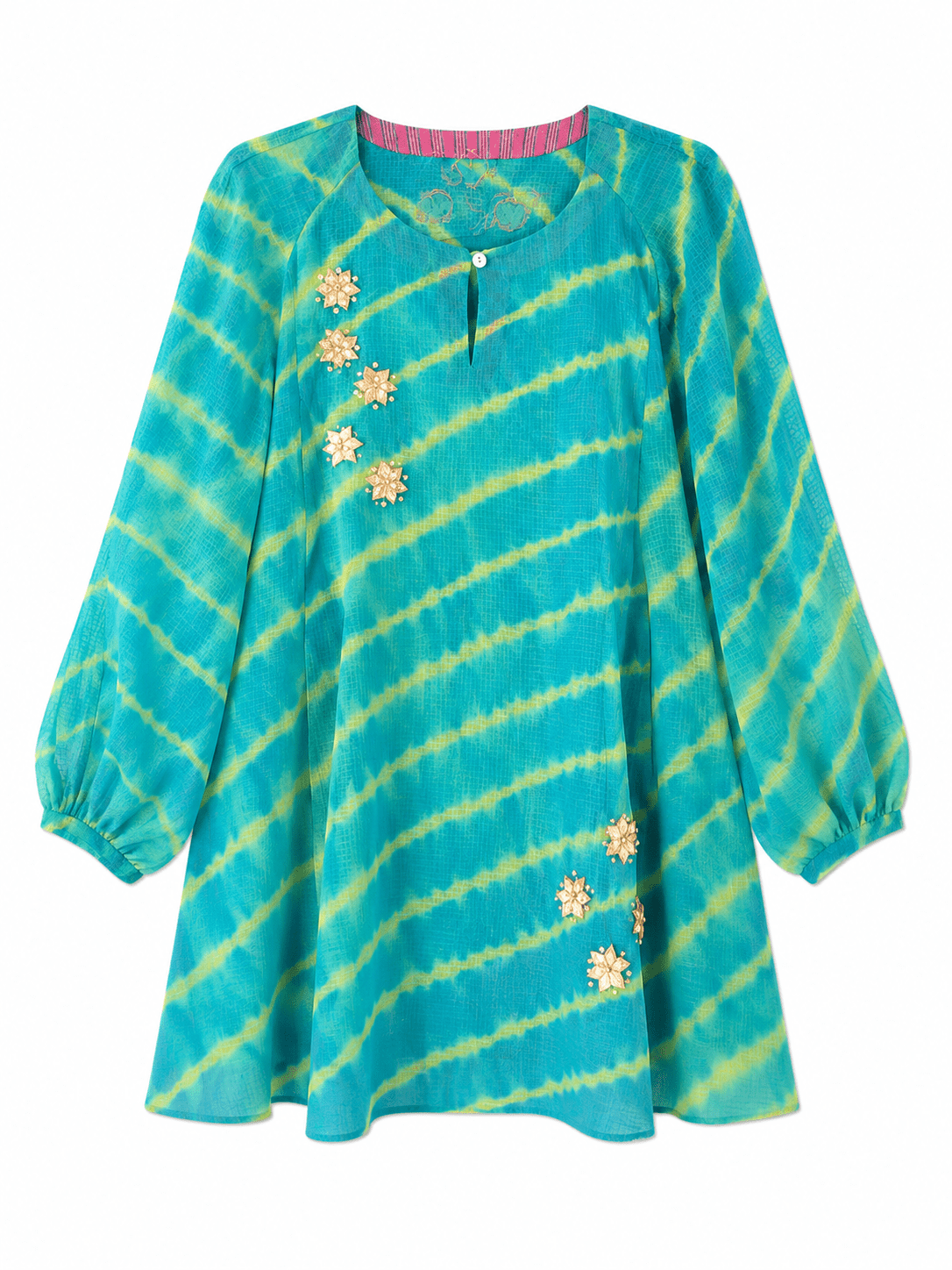 Anaaro - turquoise blue and lime yellow 100% cotton kota doria a-line leheriya tunic top with pants set - Ciceronitunic setAnaaro