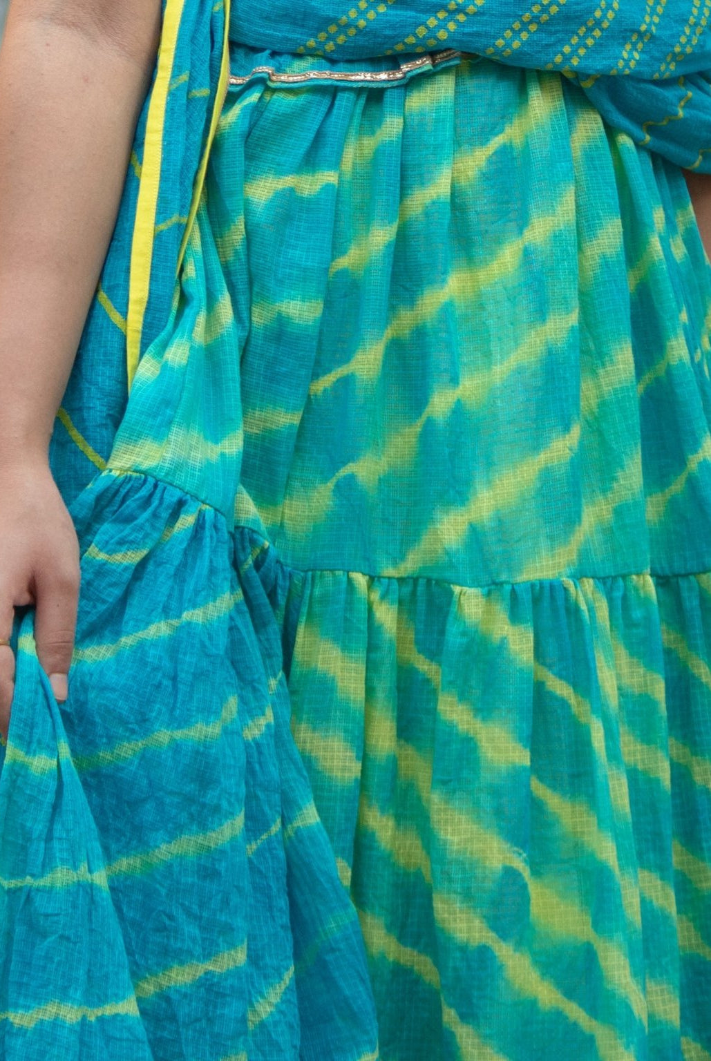 Anaaro - turquoise kanchli strappy dress in tie and dye Leheriya with gota detail - CiceroniDressAnaaro