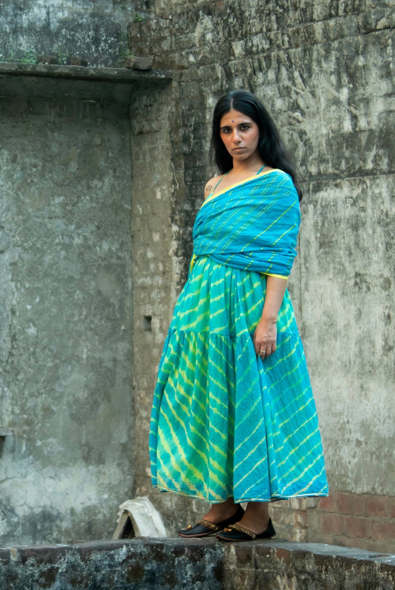 Anaaro - turquoise kanchli strappy dress in tie and dye Leheriya with gota detail - CiceroniDressAnaaro