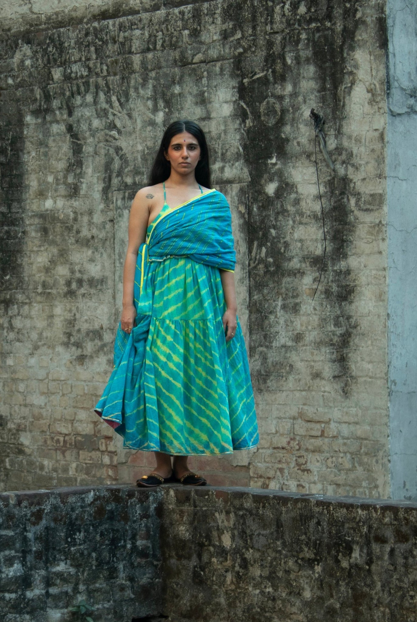 Anaaro - turquoise kanchli strappy dress in tie and dye Leheriya with gota detail - CiceroniDressAnaaro