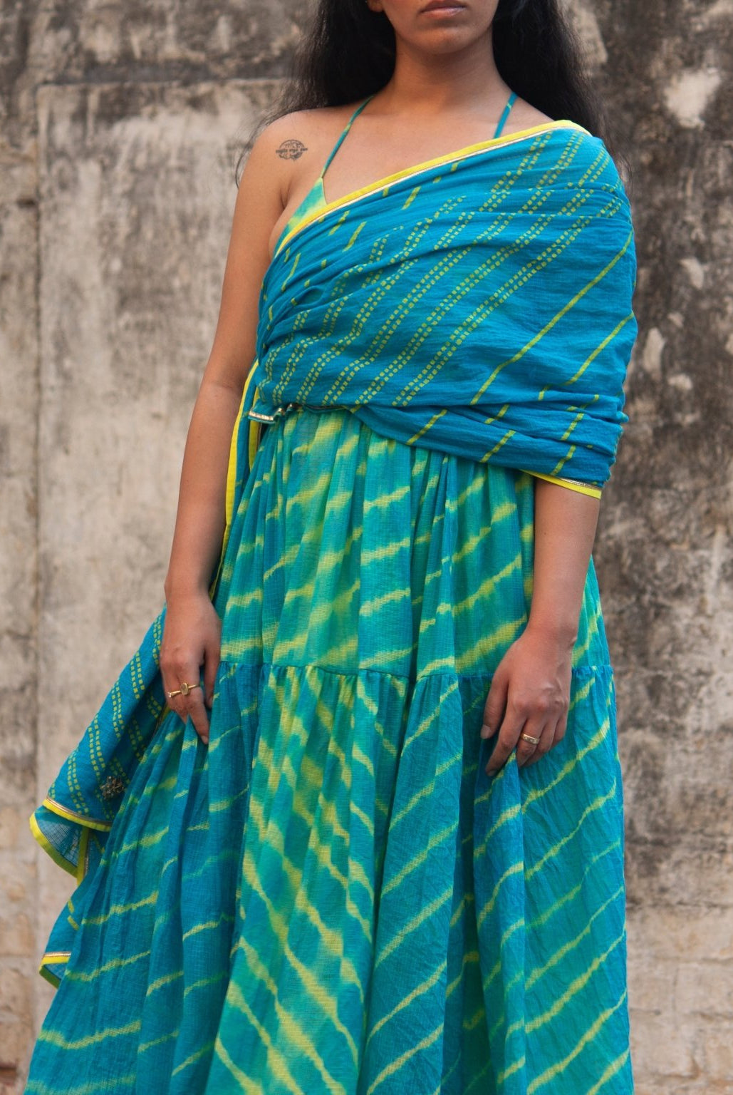 Anaaro - turquoise kanchli strappy dress in tie and dye Leheriya with gota detail - CiceroniDressAnaaro