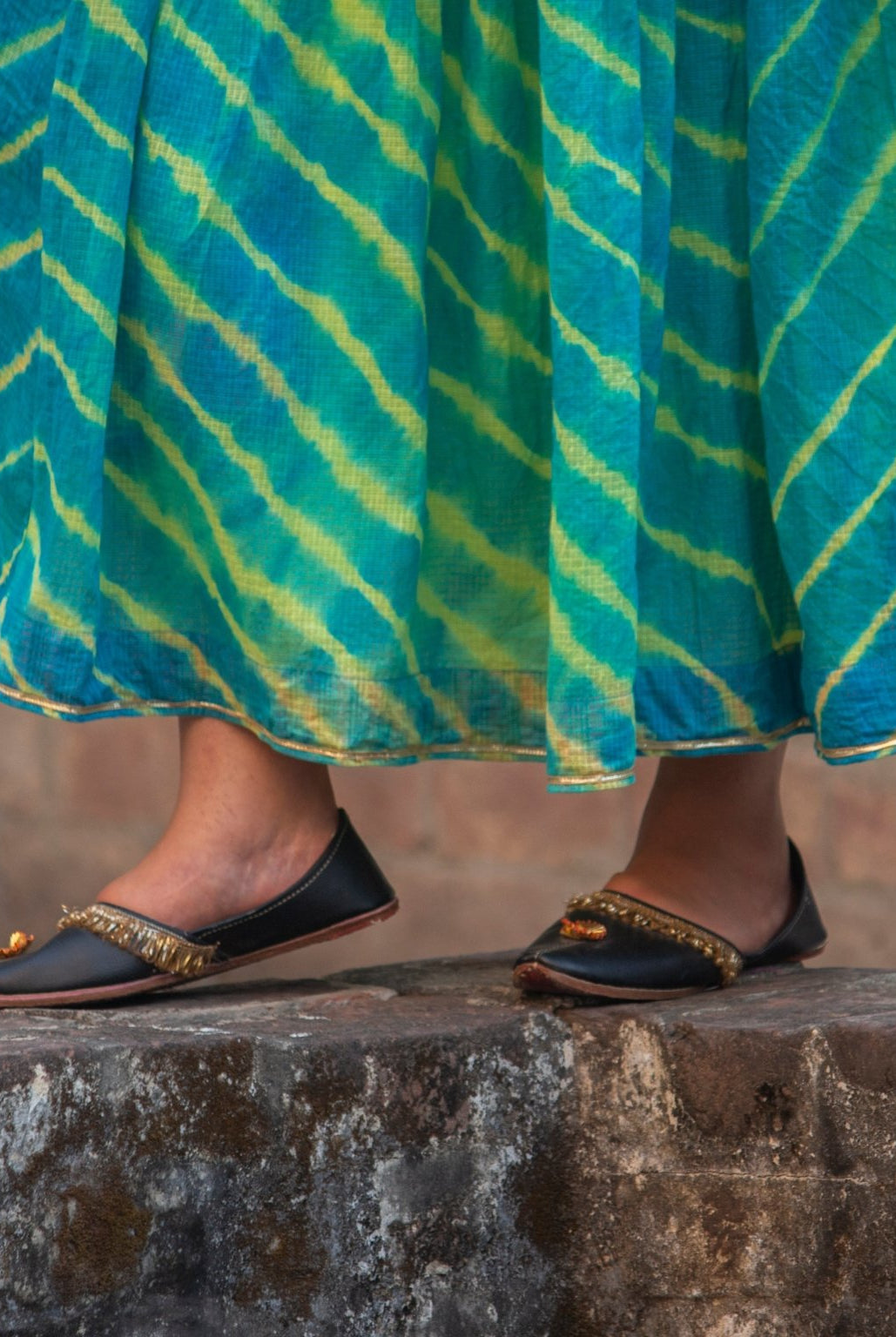 Anaaro - turquoise kanchli strappy dress in tie and dye Leheriya with gota detail - CiceroniDressAnaaro