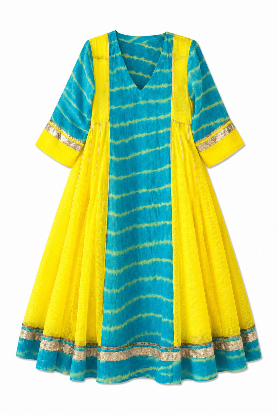 Anaaro - turquoise safra dress in tie and dye leheriya kota doria with metallic gota details - CiceroniDressAnaaro