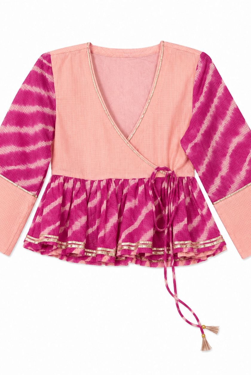 Anaaro - watermelon pink 100% cotton kota doria gathered peplum top in tie and dye leheriya - CiceroniTopsAnaaro
