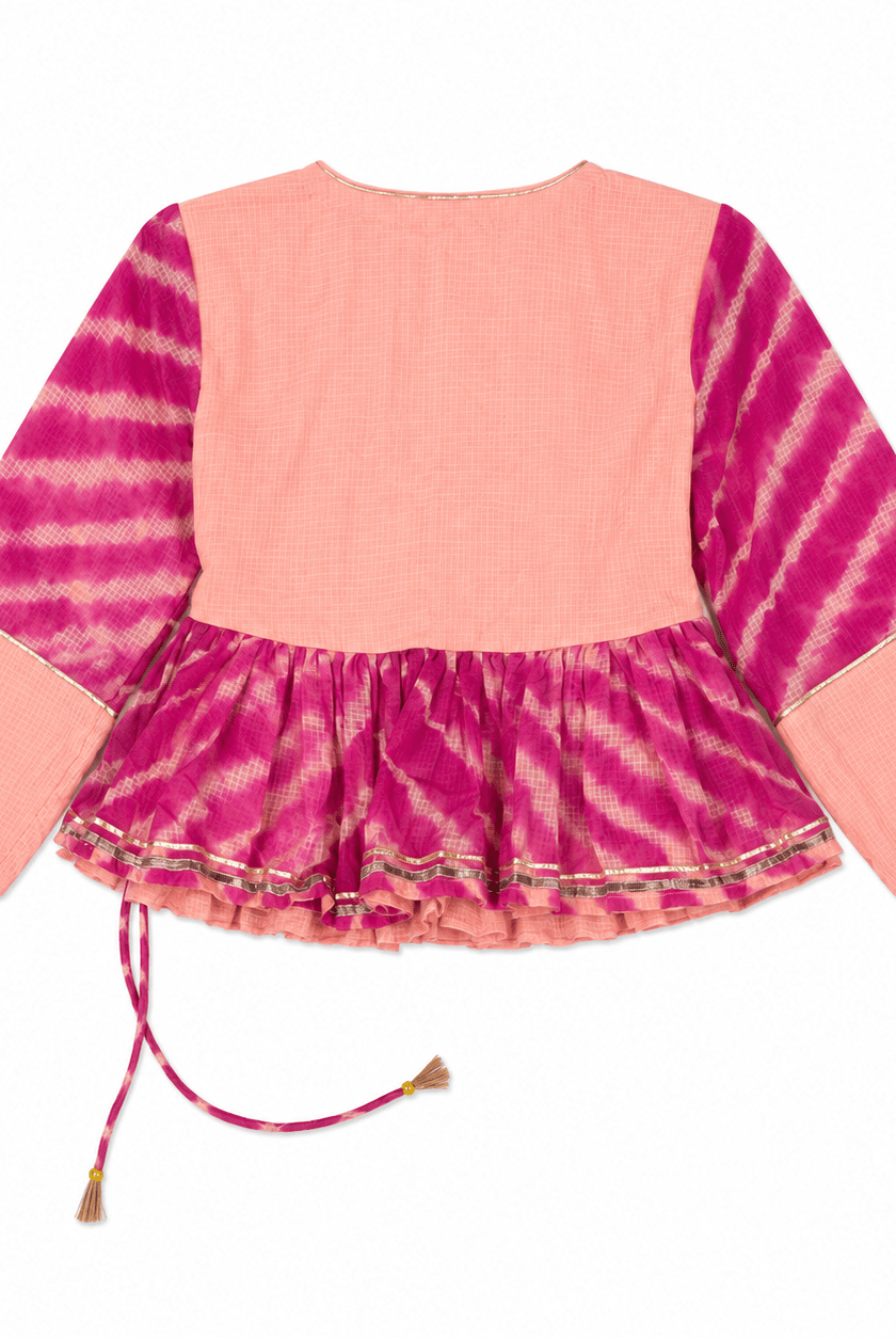 Anaaro - watermelon pink 100% cotton kota doria gathered peplum top in tie and dye leheriya - CiceroniTopsAnaaro