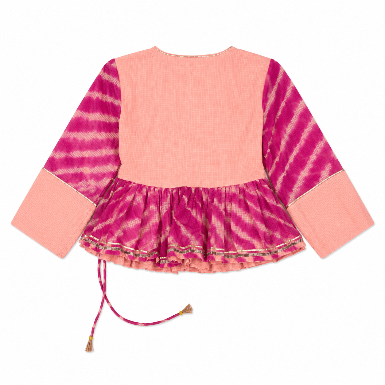 Anaaro - watermelon pink 100% cotton kota doria gathered peplum top in tie and dye leheriya - CiceroniTopsAnaaro