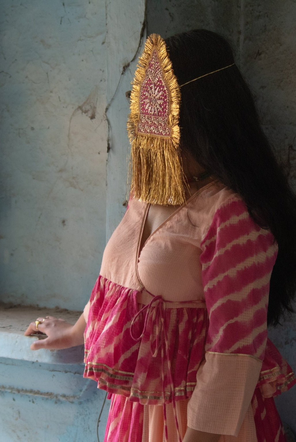 Anaaro - watermelon pink 100% cotton kota doria gathered peplum top in tie and dye leheriya - CiceroniTopsAnaaro