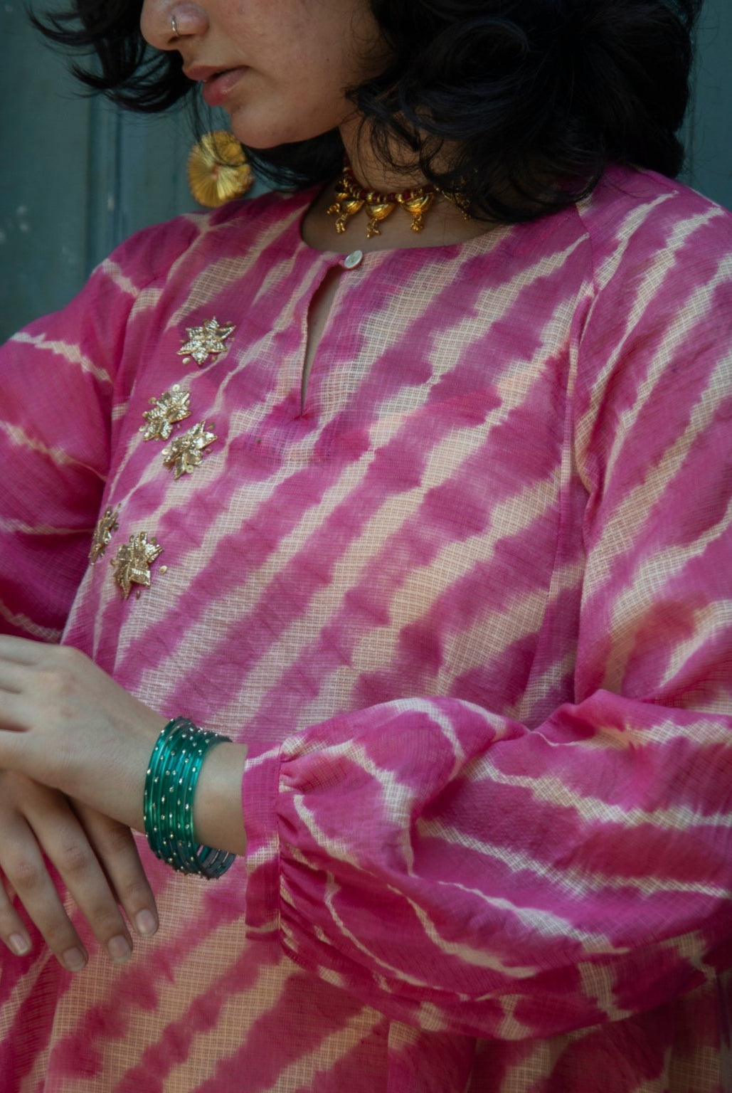 Anaaro - watermelon pink 100% cotton kota doria leheriya a-line tunic top with pants set - Ciceronitunic setAnaaro