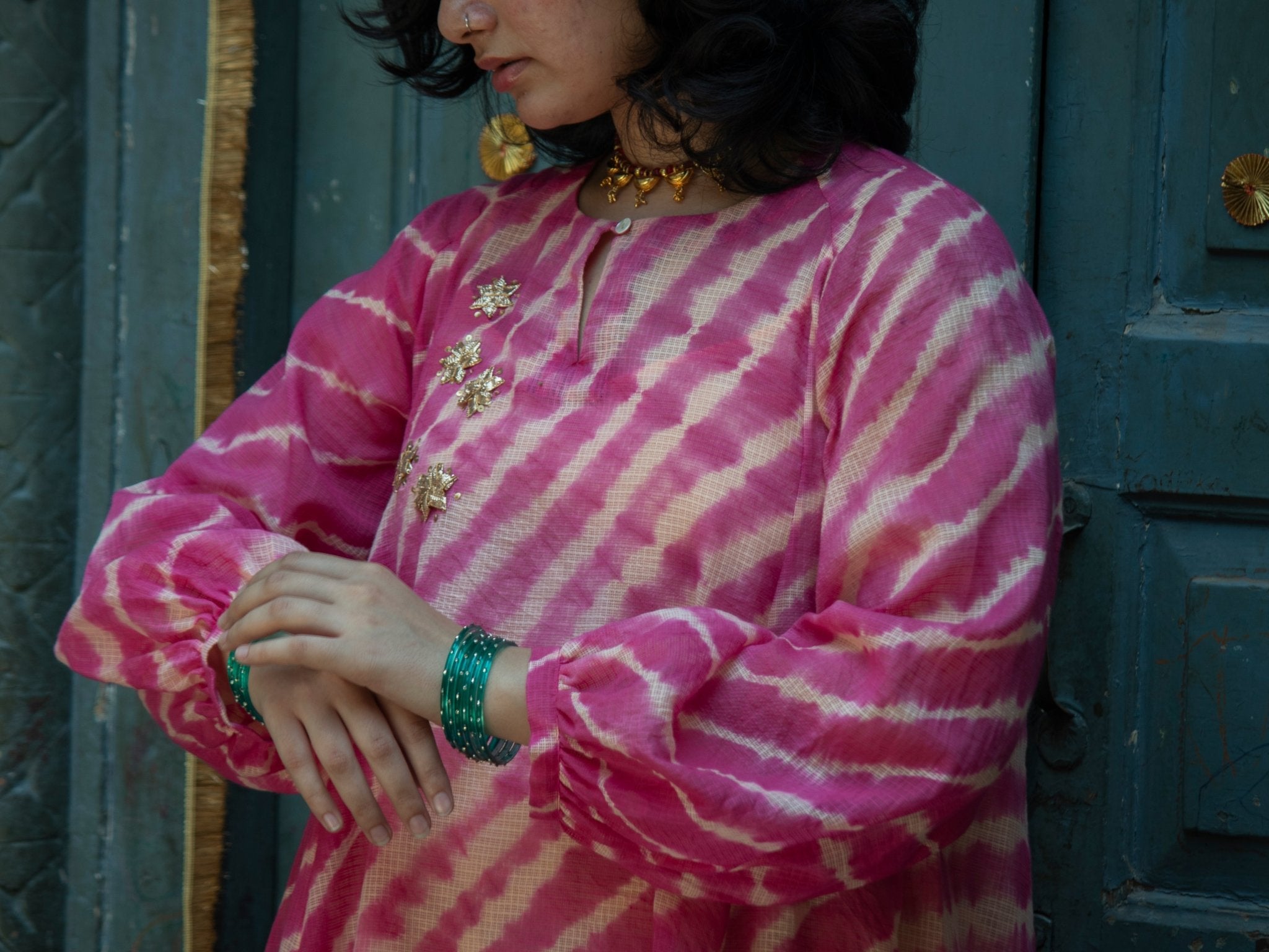 Anaaro - watermelon pink 100% cotton kota doria leheriya a-line tunic top with pants set - Ciceronitunic setAnaaro