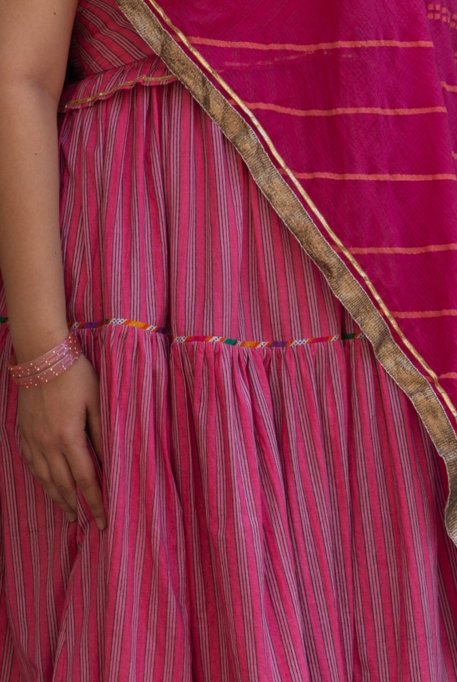 Anaaro - watermelon pink hand block print cotton kota doria dupatta - CiceroniDupattaAnaaro