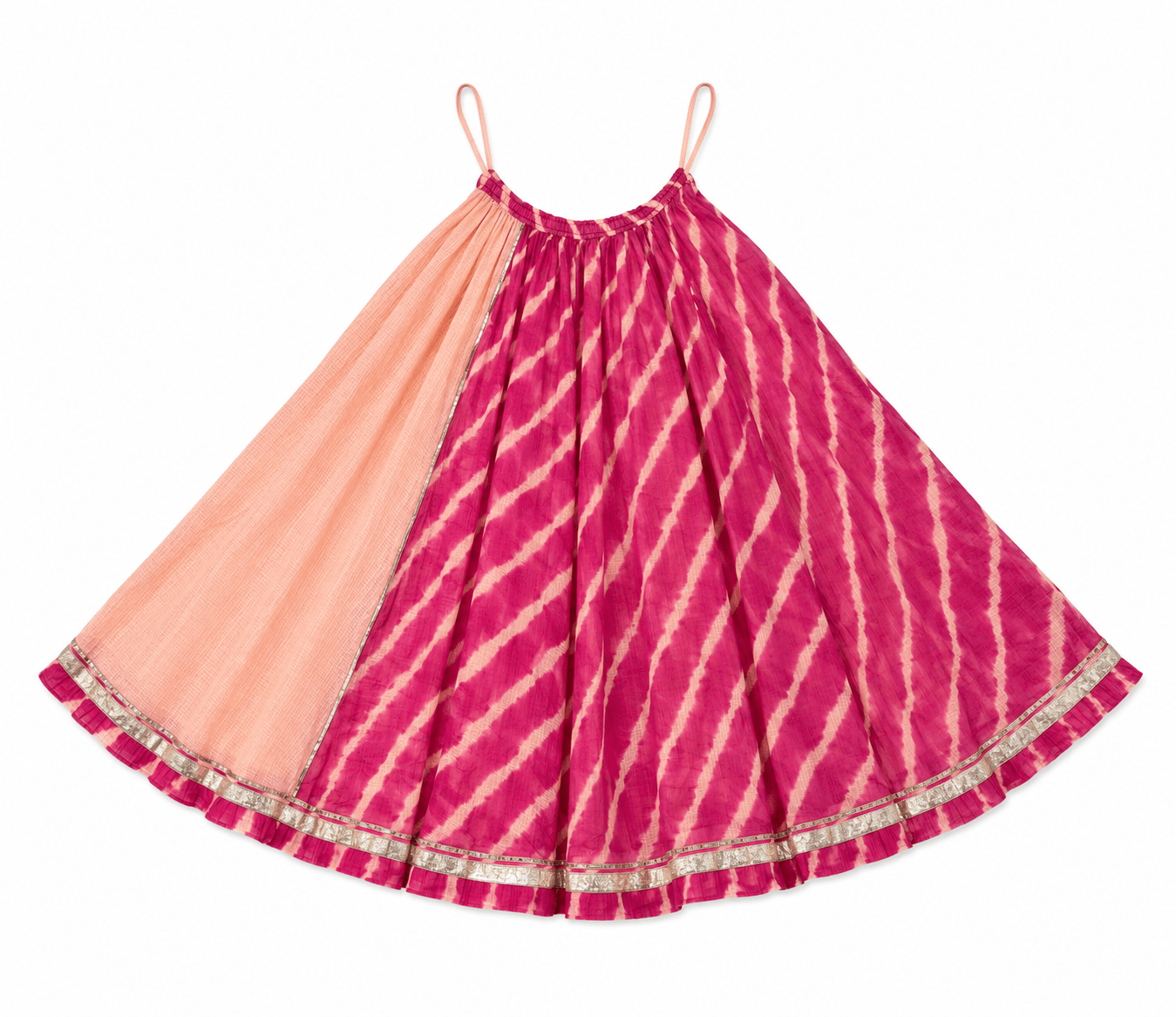 Anaaro - watermelon pink Khara panelled skirt in cotton kota doria with tie and dye leheriya - CiceroniSkirtAnaaro