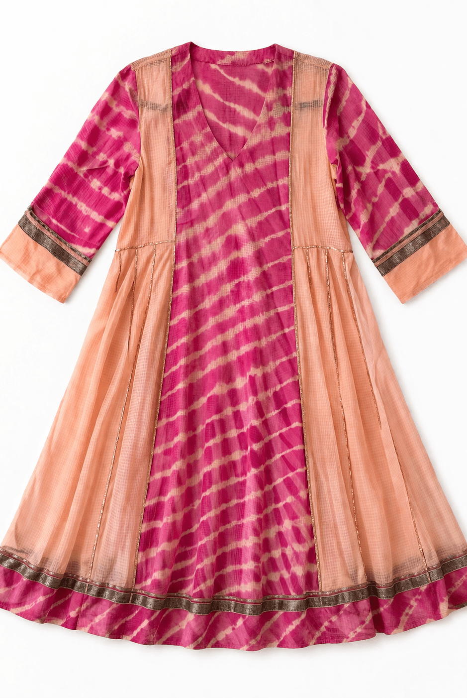 Anaaro - watermelon pink safra dress in tie and dye leheriya kota doria with metallic gota details - CiceroniDressAnaaro