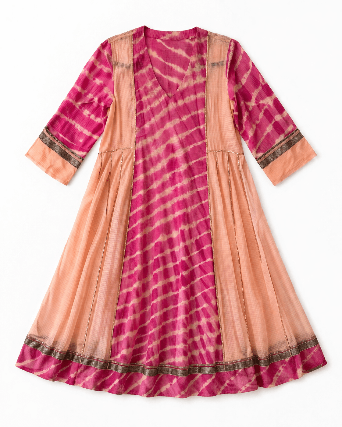 Anaaro - watermelon pink safra dress in tie and dye leheriya kota doria with metallic gota details - CiceroniDressAnaaro