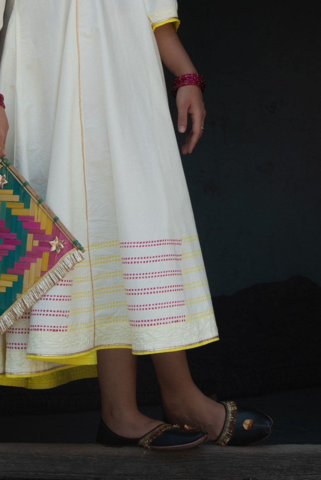 Anaaro - white Bagdi dress in 100% cotton with neon hand block print border and contrasting piping - CiceroniDressAnaaro