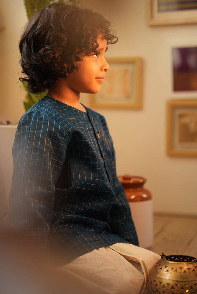 Aparajita festive kurta in blue gold checks - CiceroniKurta, Festive WearLove The World Today