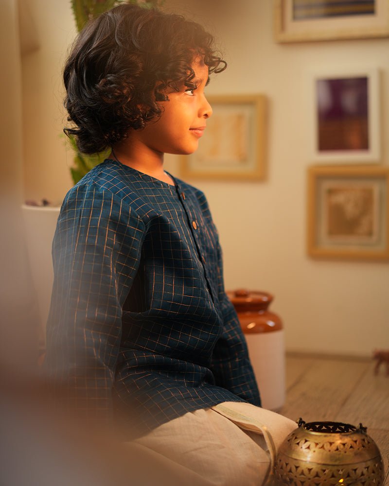 Aparajita festive kurta in blue gold checks - CiceroniKurta, Festive WearLove The World Today
