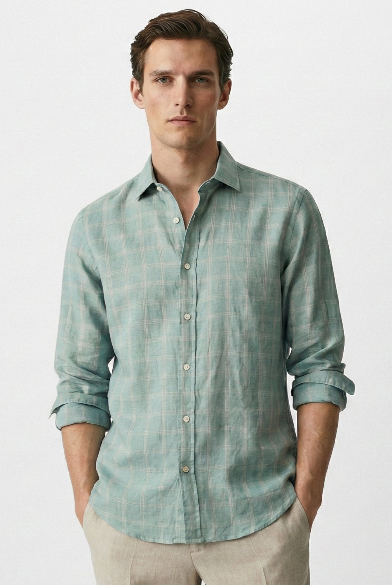 Aqua Sage 100% Pure Linen Checks Shirt - CiceroniMen Shirtsbhrāta