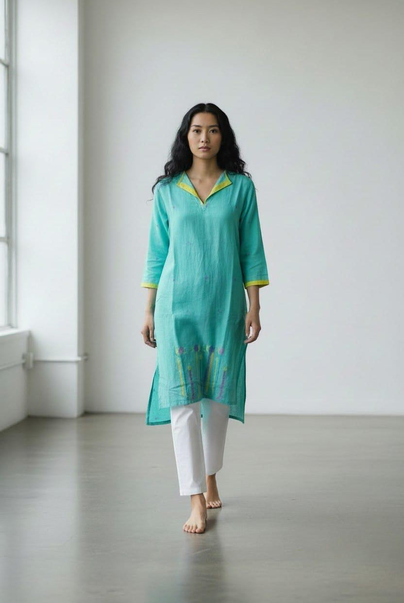 Assymetrical Dress- Aqua Blue Lotus Jamdani - CiceroniKurta, Everyday WearBhomra