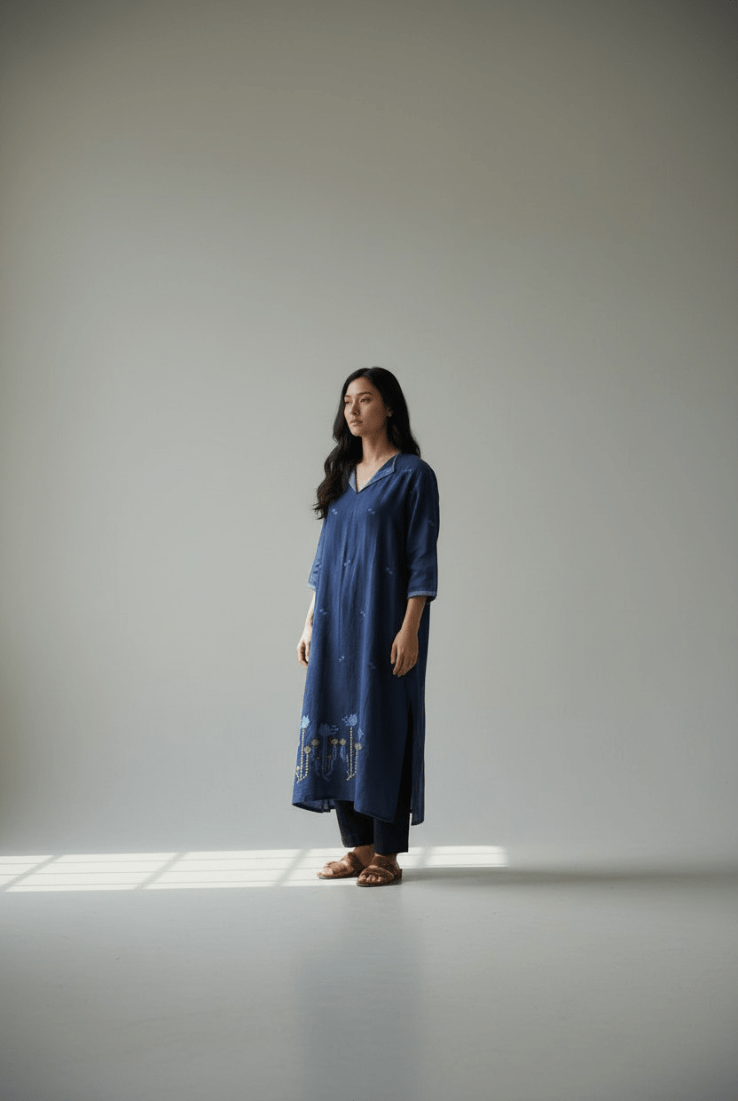 Assymetrical Dress – Midnight Blue Lotus Jamdani - CiceroniDressesBhomra