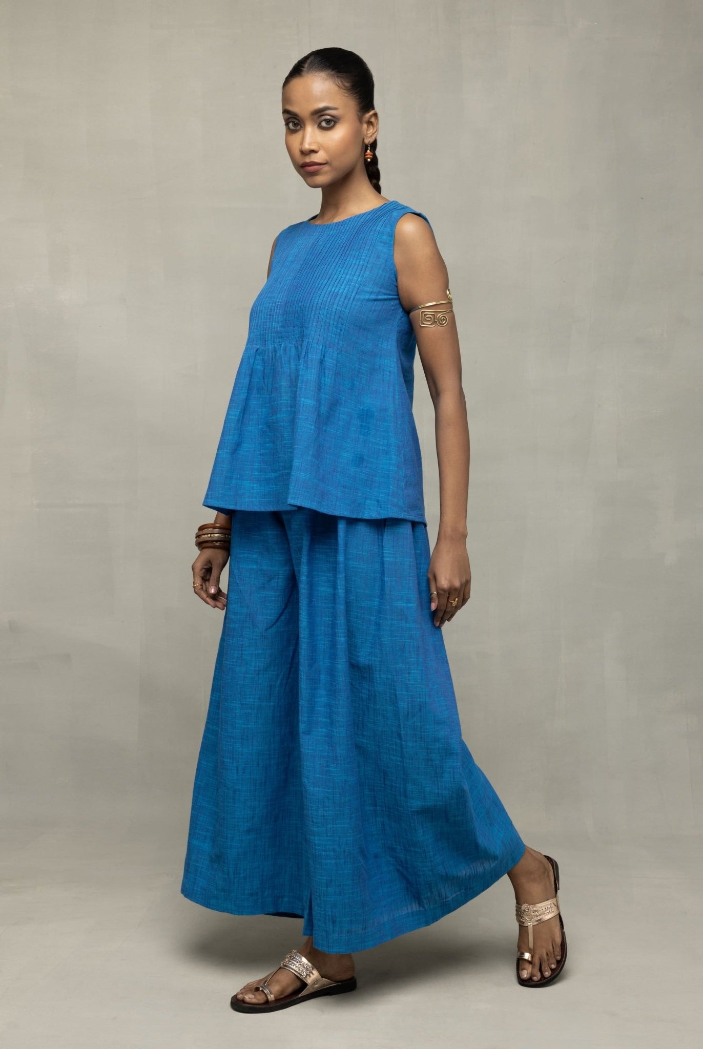 Azure Blue Textured Co - Ord Set with Sleeveless Top & Wide - Leg Pants - CiceroniCo - ord SetSutra Art of Clothing