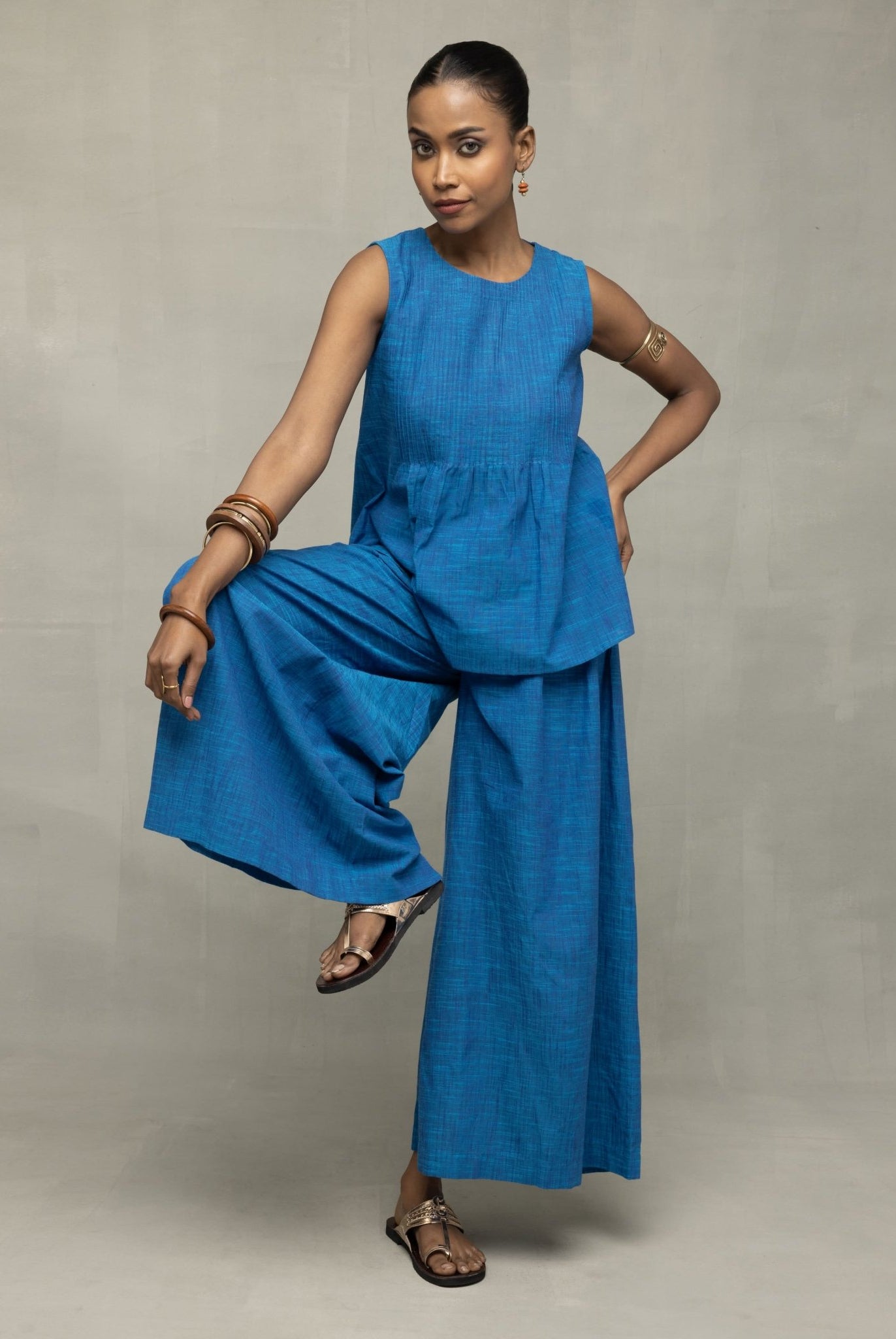 Azure Blue Textured Co - Ord Set with Sleeveless Top & Wide - Leg Pants - CiceroniCo - ord SetSutra Art of Clothing