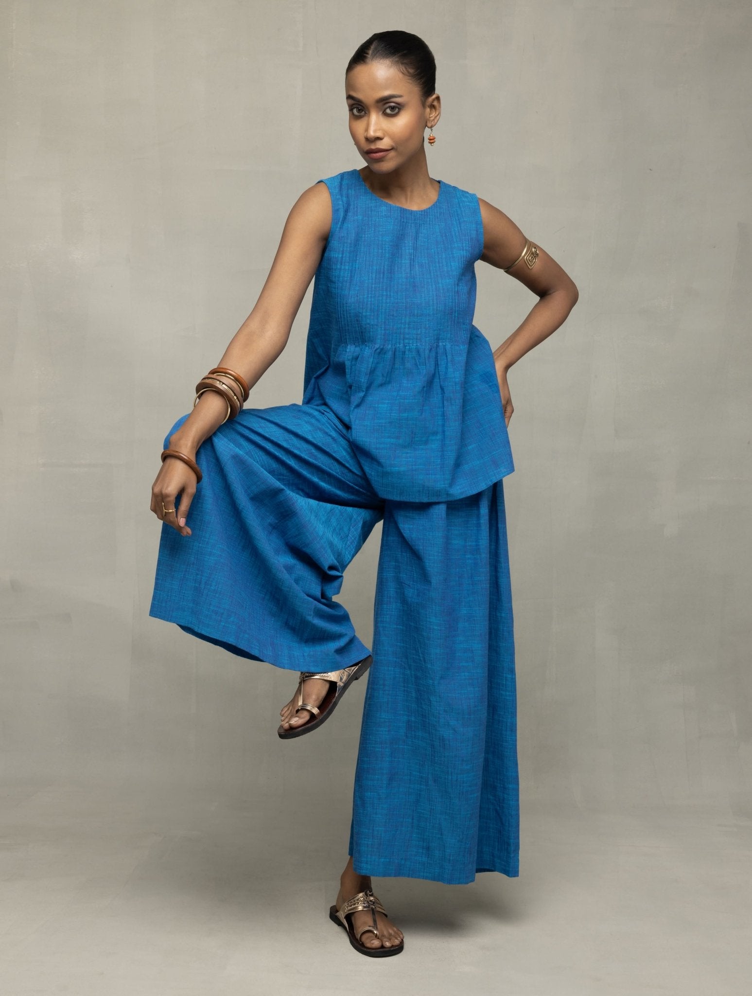Azure Blue Textured Co - Ord Set with Sleeveless Top & Wide - Leg Pants - CiceroniCo - ord SetSutra Art of Clothing