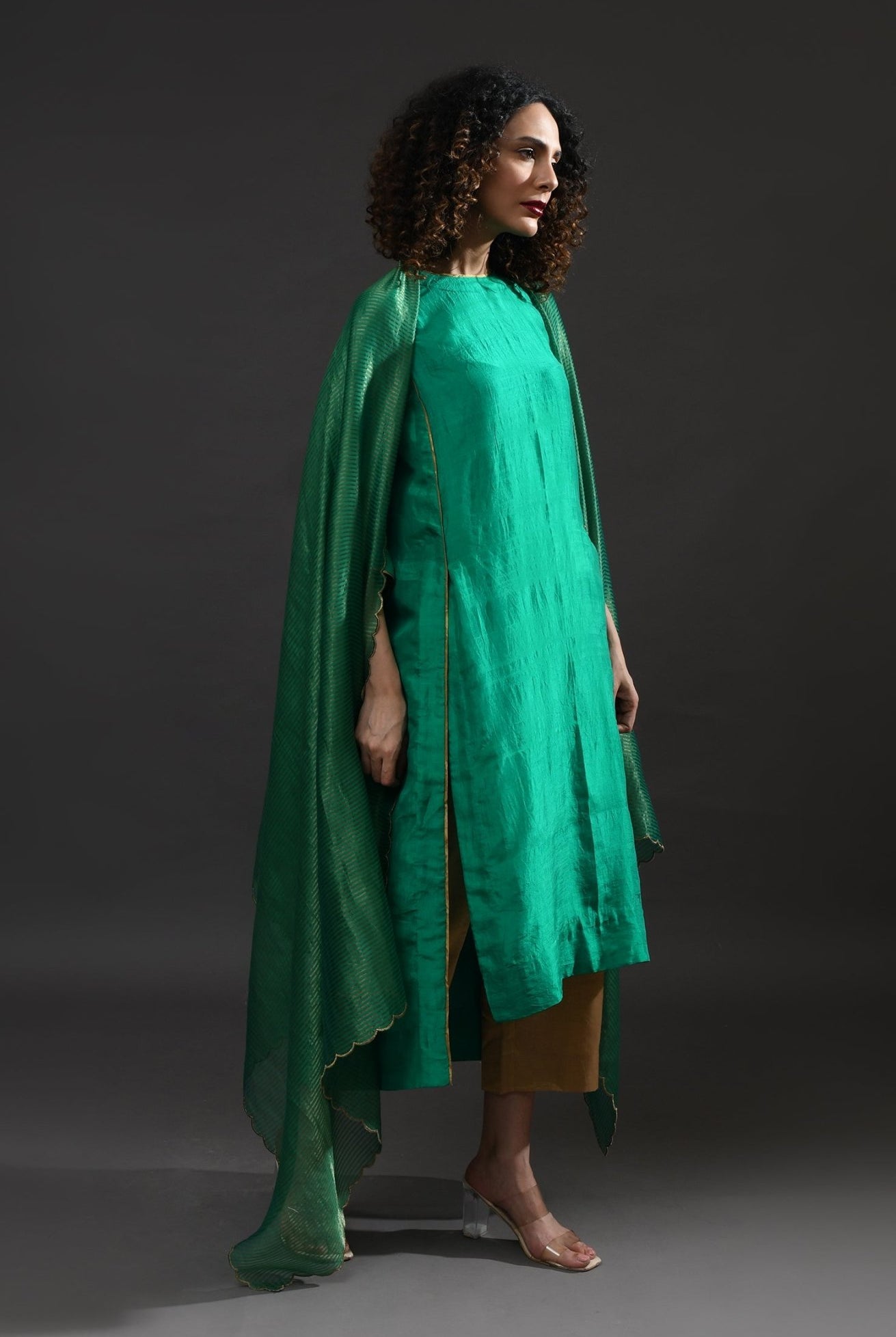 Back Gather Mulberry Silk Kurta Set with Striped Tissue Dupatta (Set of 3) - Emerald - CiceroniKurta Set, Festive WearHiranya