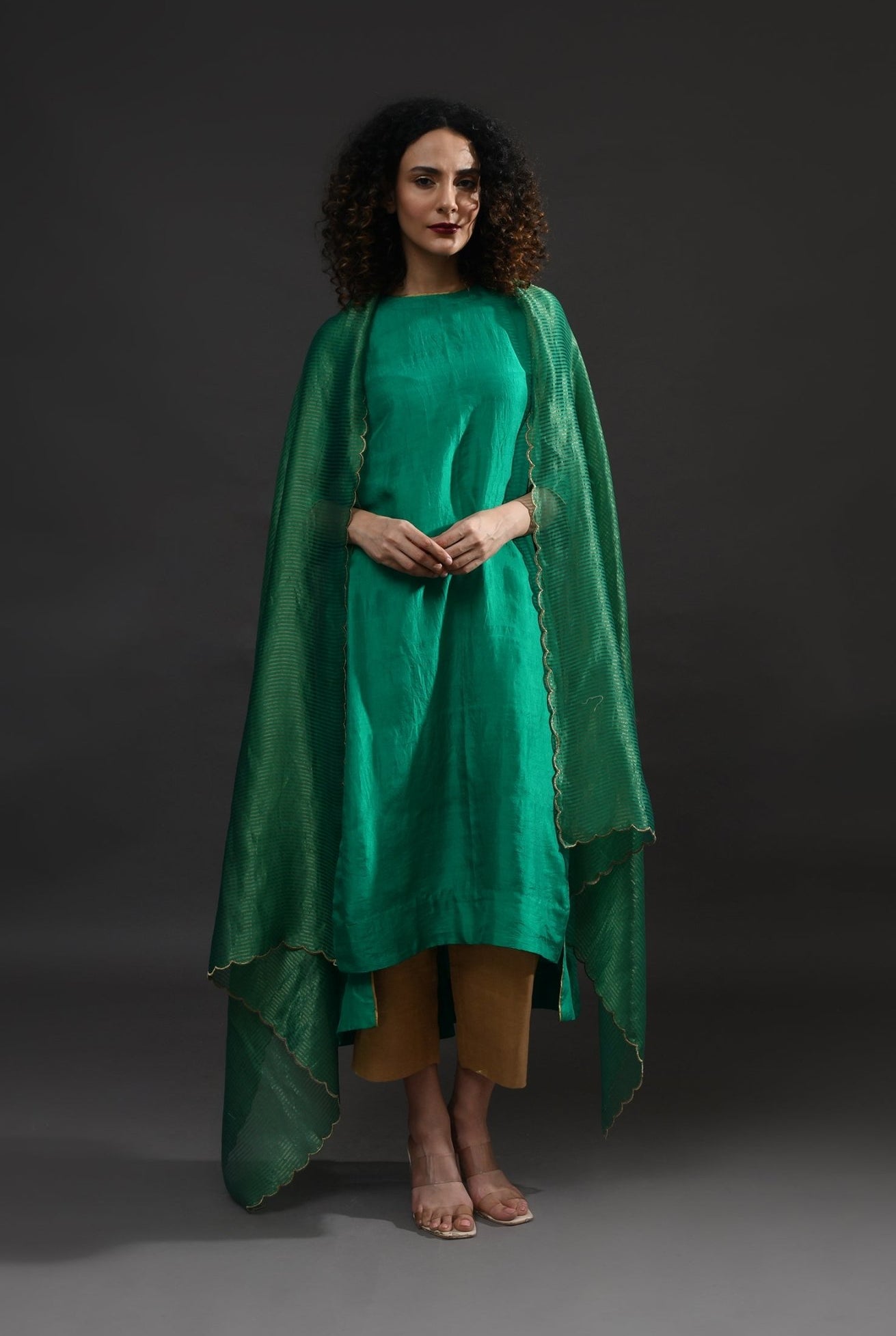 Back Gather Mulberry Silk Kurta Set with Striped Tissue Dupatta (Set of 3) - Emerald - CiceroniKurta Set, Festive WearHiranya