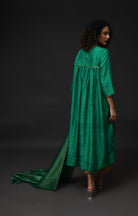 Back Gather Mulberry Silk Kurta Set with Striped Tissue Dupatta (Set of 3) - Emerald - CiceroniKurta Set, Festive WearHiranya
