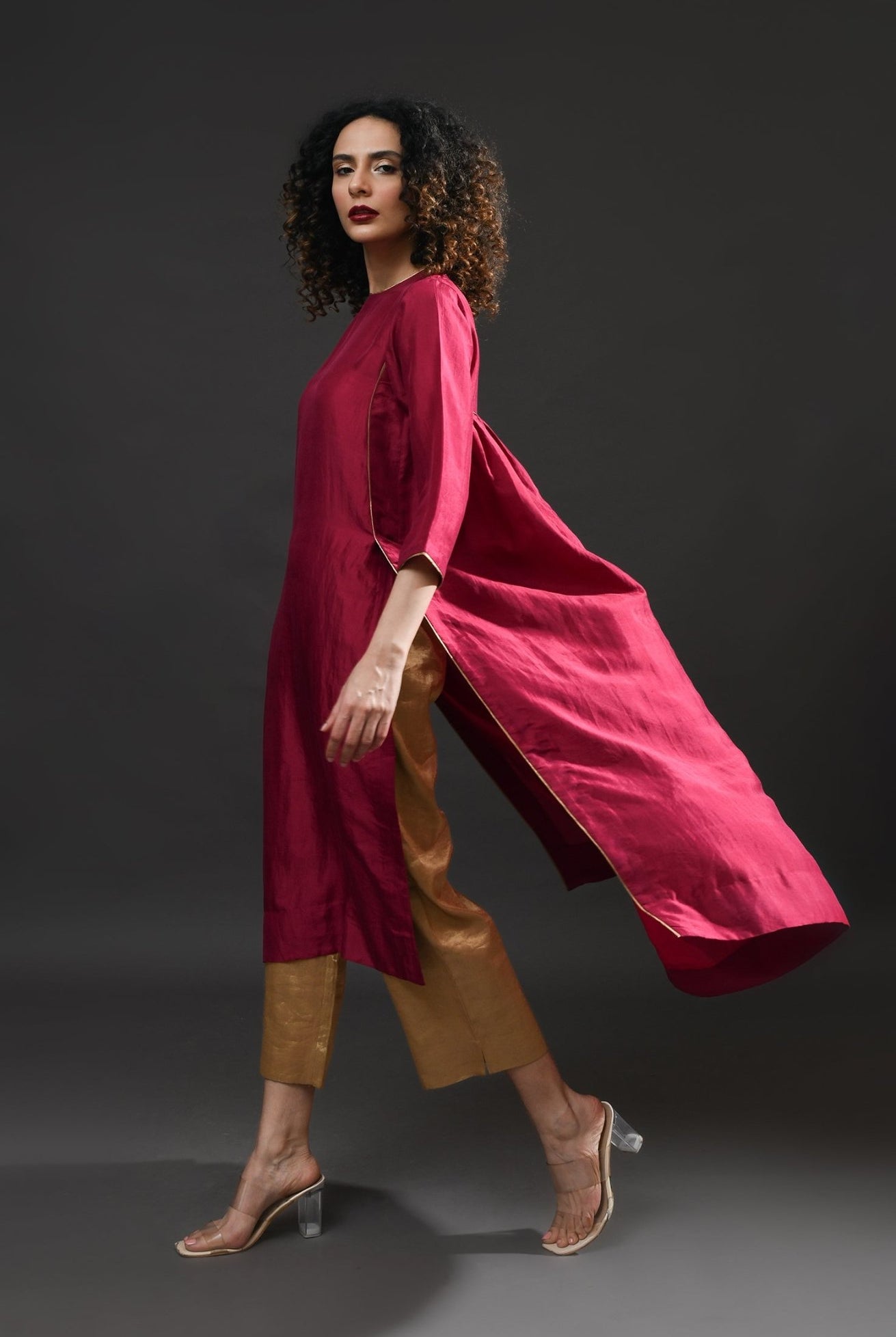 Back Gather Mulberry Silk Kurta Set with Striped Tissue Dupatta (Set of 3) - Wine - CiceroniKurta Set, Festive WearHiranya