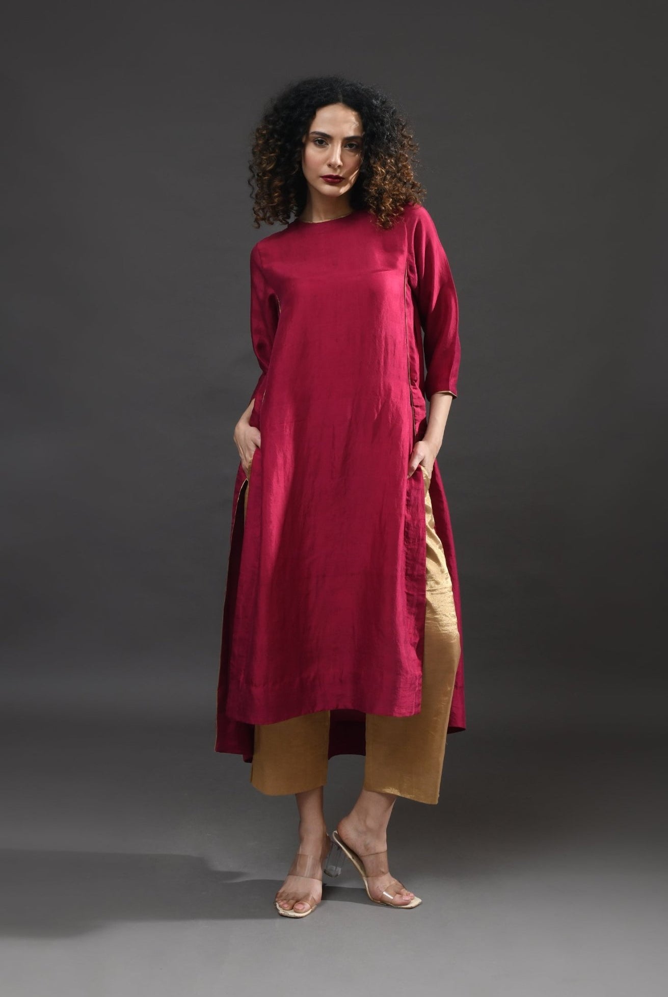 Back Gather Mulberry Silk Kurta Set with Striped Tissue Dupatta (Set of 3) - Wine - CiceroniKurta Set, Festive WearHiranya