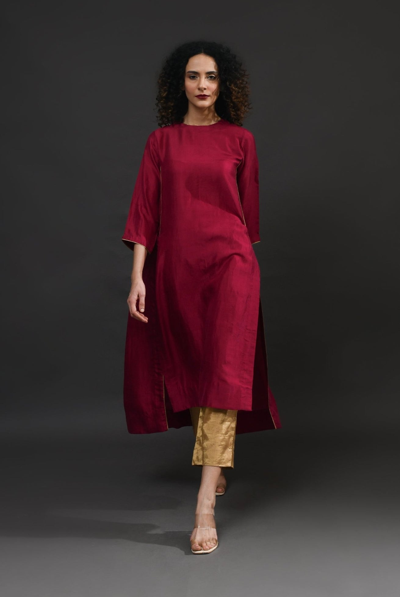 Back Gather Mulberry Silk Kurta Set with Striped Tissue Dupatta (Set of 3) - Wine - CiceroniKurta Set, Festive WearHiranya