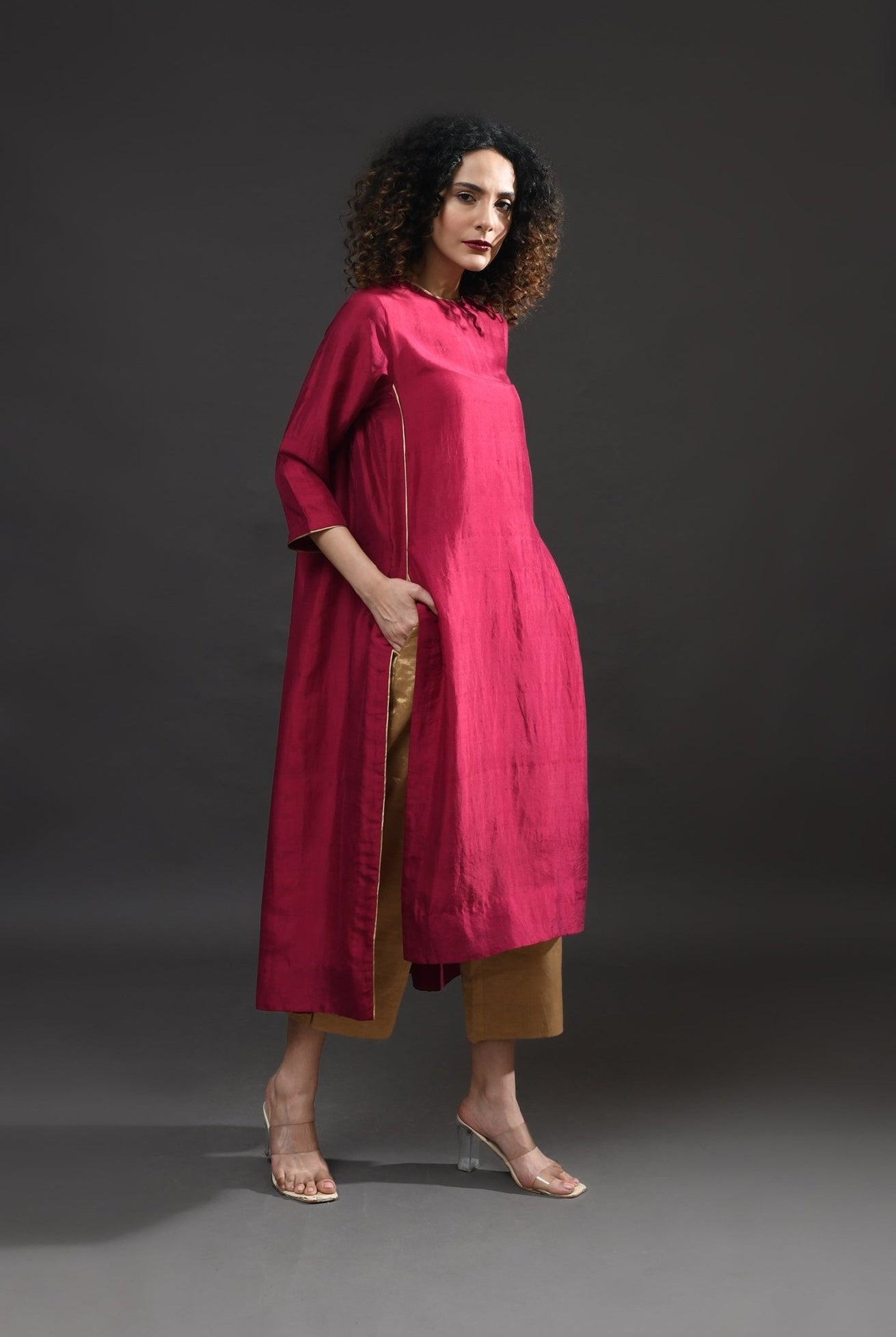 Back Gather Mulberry Silk Kurta Set with Striped Tissue Dupatta (Set of 3) - Wine - CiceroniKurta Set, Festive WearHiranya