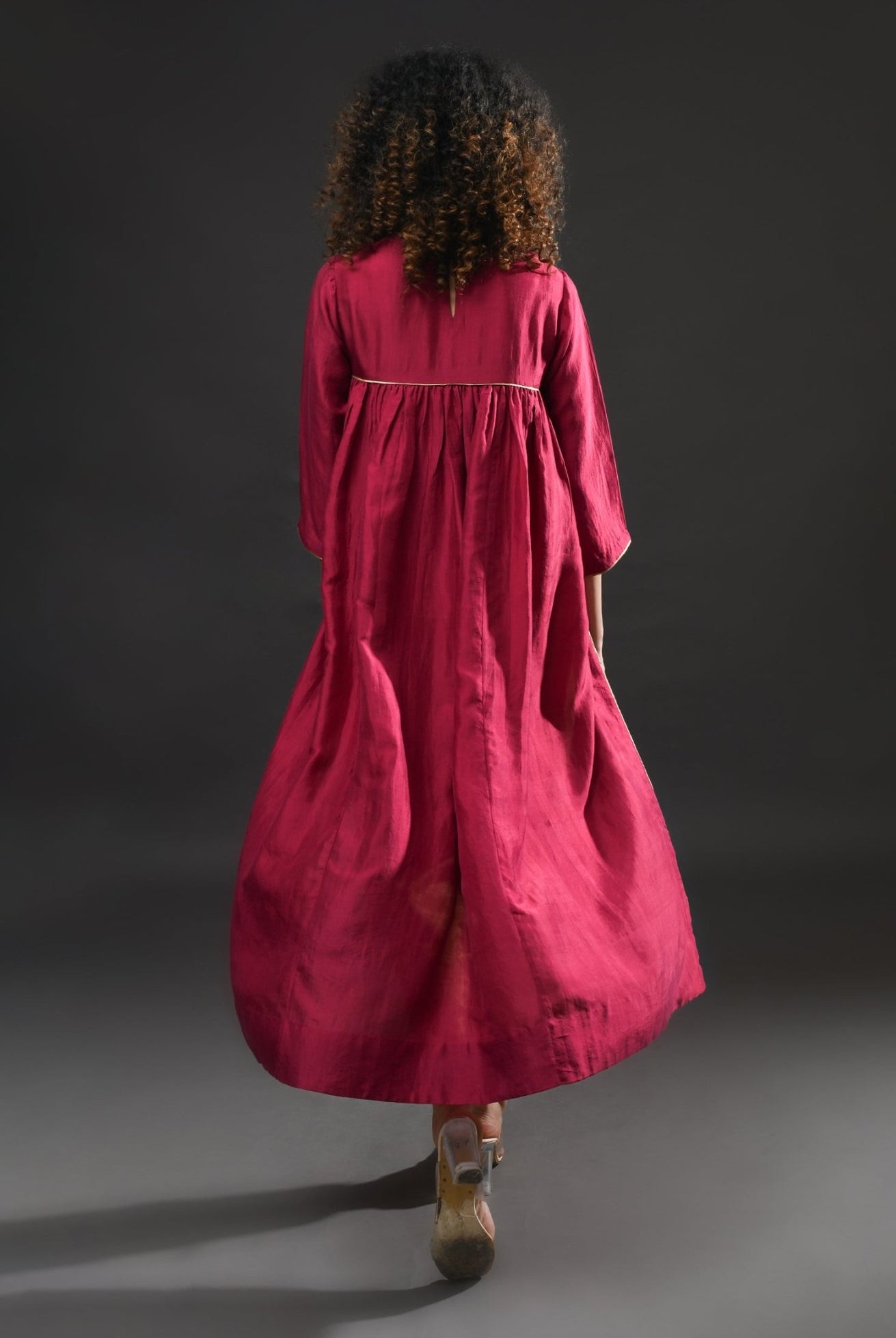 Back Gather Mulberry Silk Kurta Set with Striped Tissue Dupatta (Set of 3) - Wine - CiceroniKurta Set, Festive WearHiranya