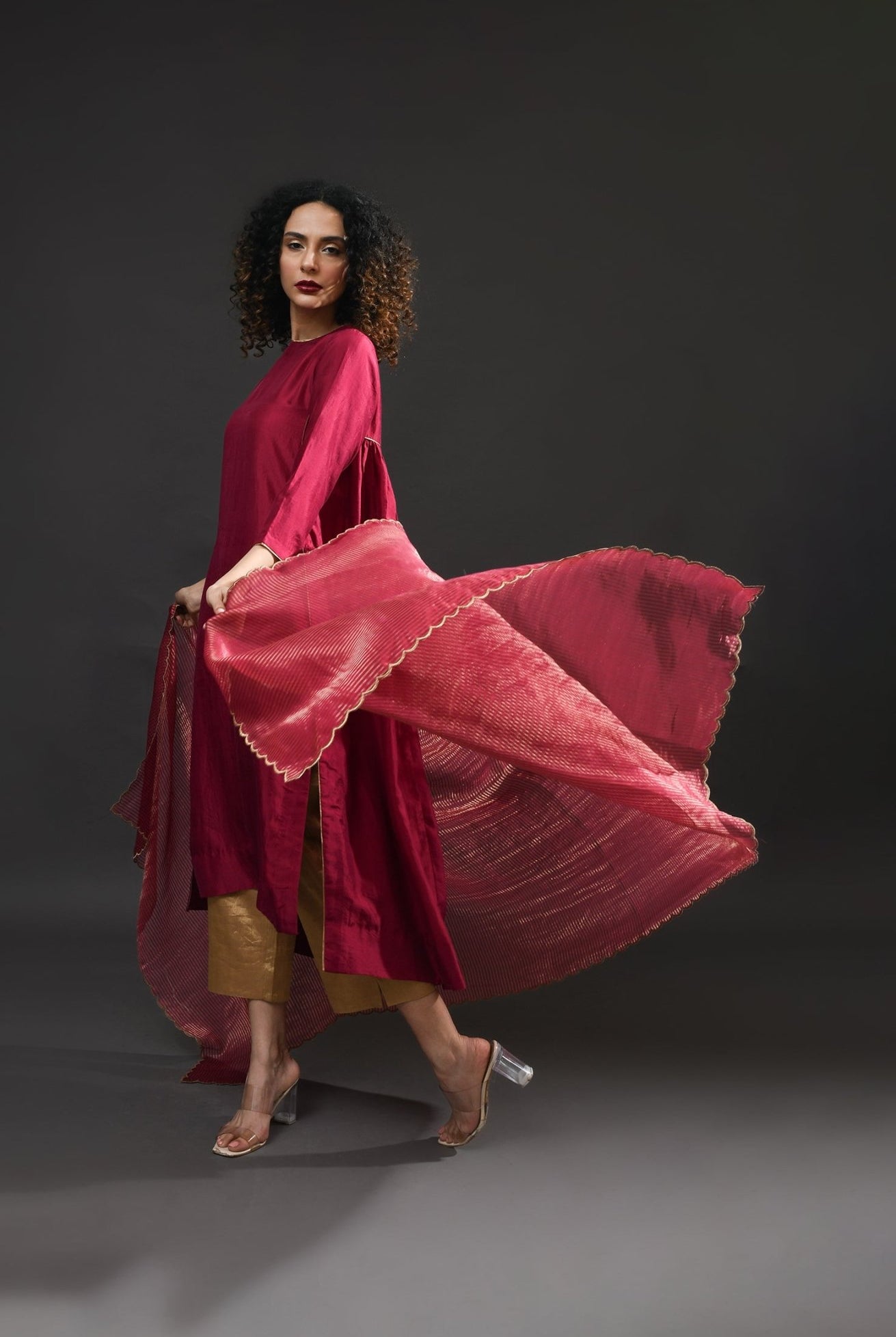 Back Gather Mulberry Silk Kurta Set with Striped Tissue Dupatta (Set of 3) - Wine - CiceroniKurta Set, Festive WearHiranya