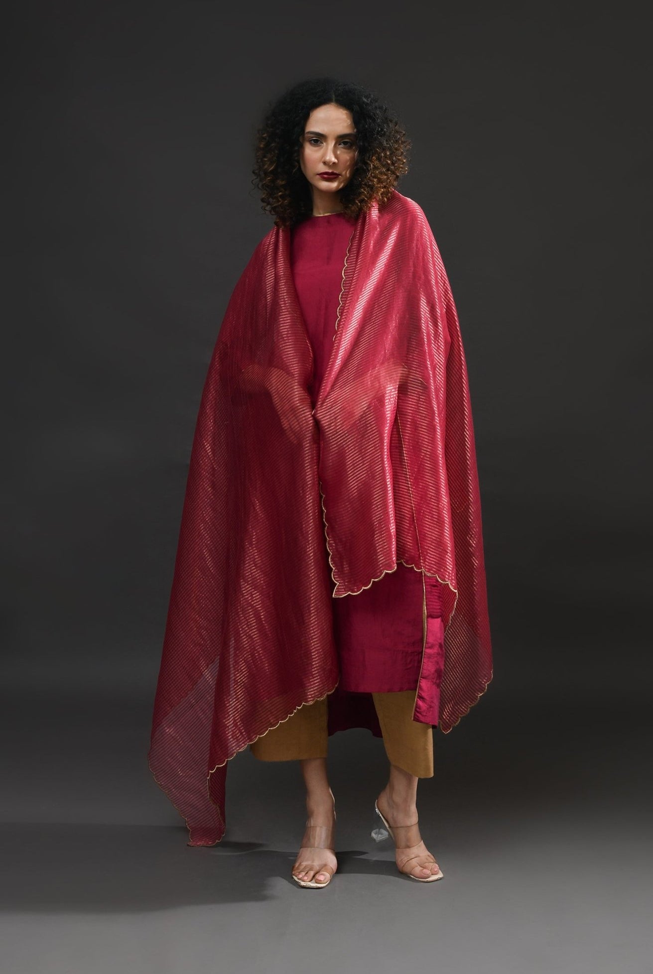 Back Gather Mulberry Silk Kurta Set with Striped Tissue Dupatta (Set of 3) - Wine - CiceroniKurta Set, Festive WearHiranya