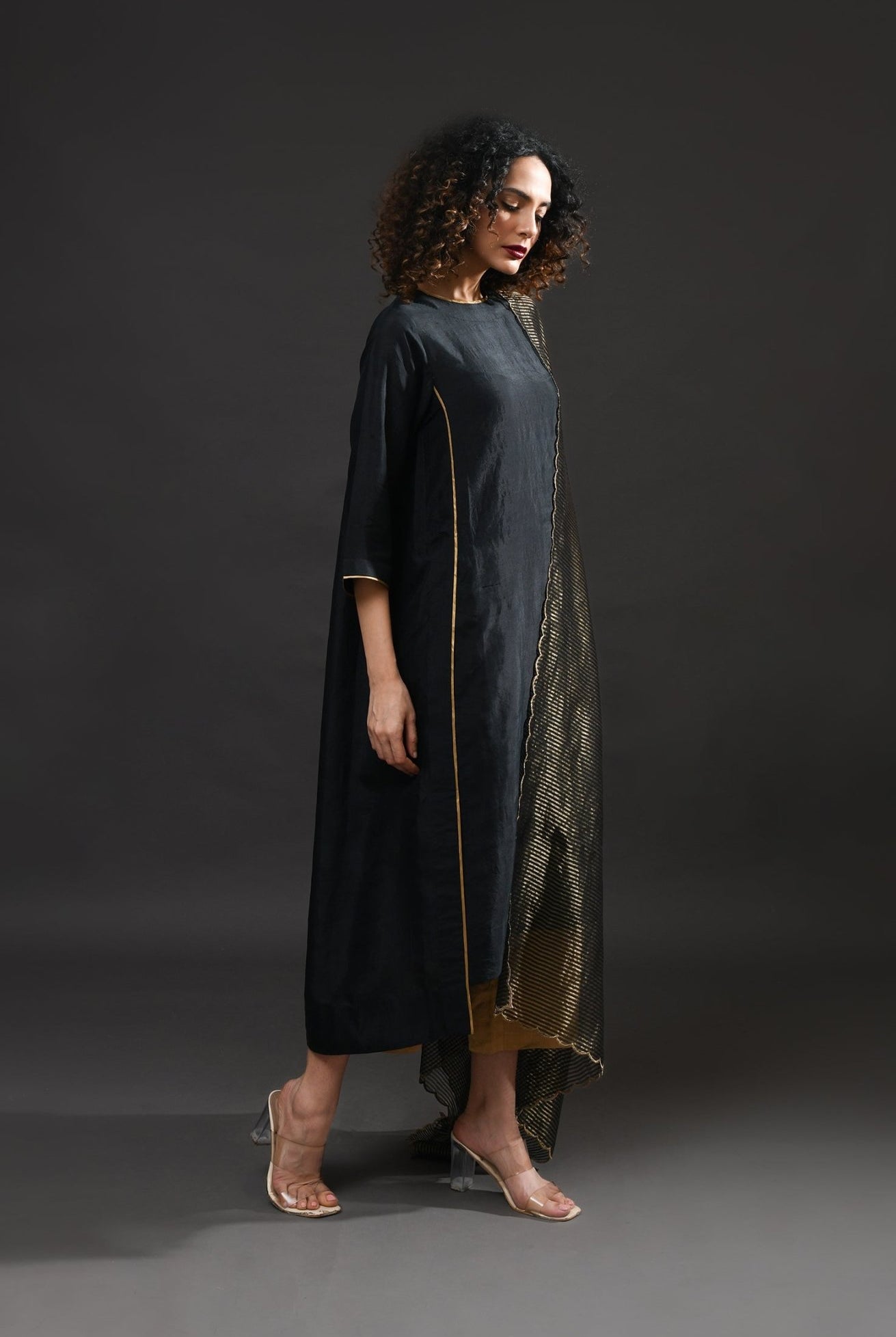 Back Gather Mulberry Silk Kurta Set with Striped Tissue Dupatta (Set of 3) - CiceroniKurta Set, Festive WearHiranya