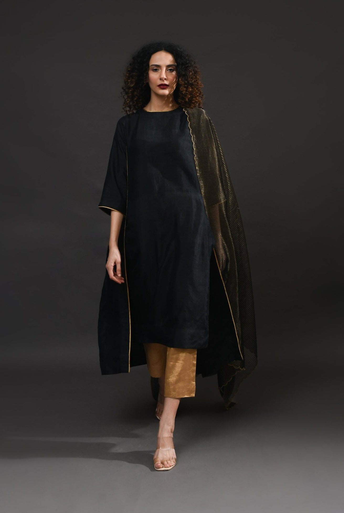 Back Gather Mulberry Silk Kurta Set with Striped Tissue Dupatta (Set of 3) - CiceroniKurta Set, Festive WearHiranya