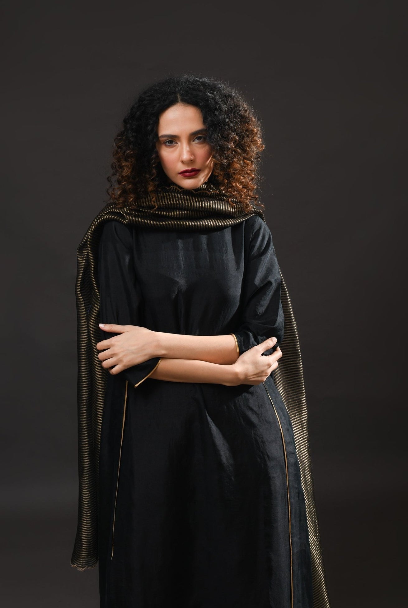 Back Gather Mulberry Silk Kurta Set with Striped Tissue Dupatta (Set of 3) - CiceroniKurta Set, Festive WearHiranya