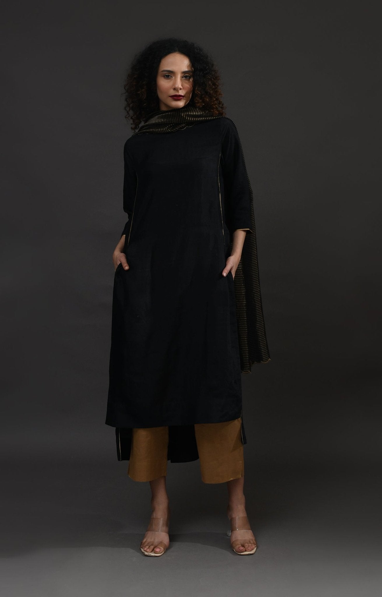 Back Gather Mulberry Silk Kurta Set with Striped Tissue Dupatta (Set of 3) - CiceroniKurta Set, Festive WearHiranya