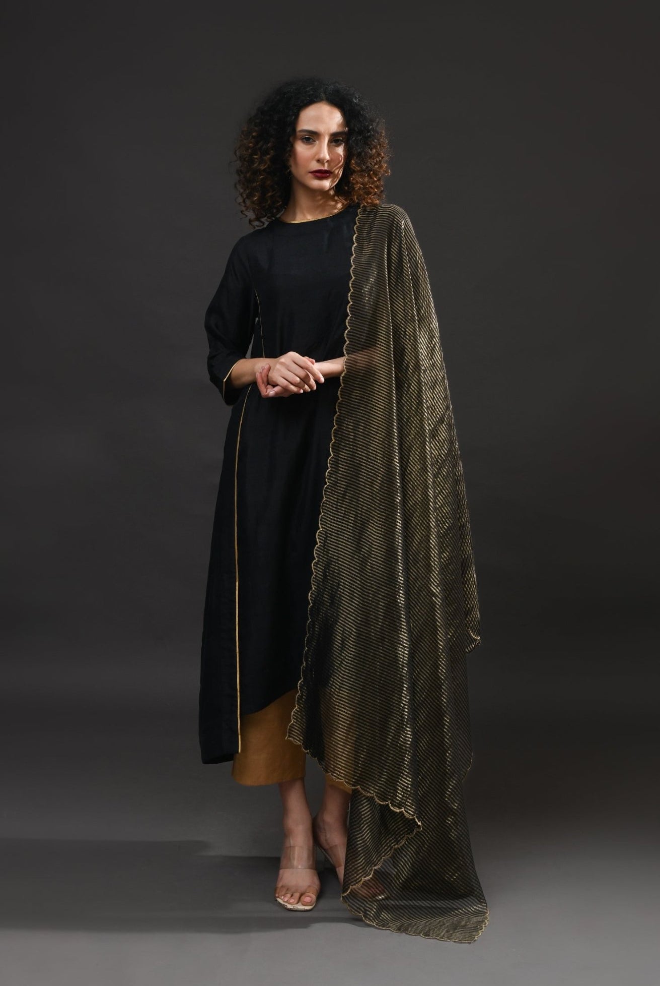 Back Gather Mulberry Silk Kurta Set with Striped Tissue Dupatta (Set of 3) - CiceroniKurta Set, Festive WearHiranya