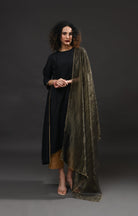 Back Gather Mulberry Silk Kurta Set with Striped Tissue Dupatta (Set of 3) - CiceroniKurta Set, Festive WearHiranya