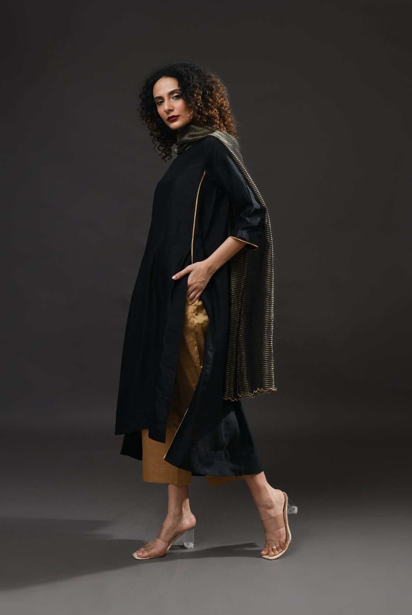 Back Gather Mulberry Silk Kurta Set with Striped Tissue Dupatta (Set of 3) - CiceroniKurta Set, Festive WearHiranya