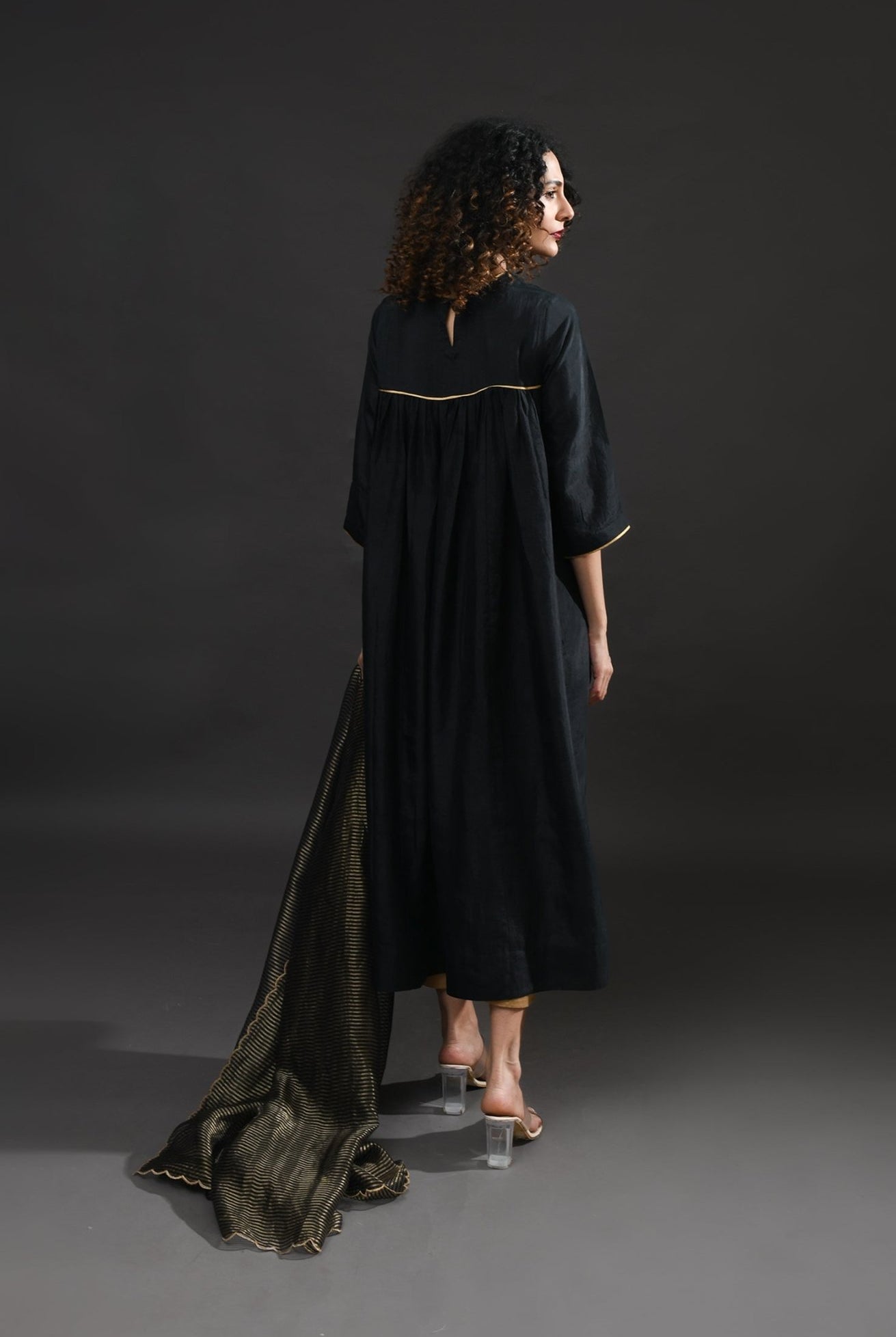 Back Gather Mulberry Silk Kurta Set with Striped Tissue Dupatta (Set of 3) - CiceroniKurta Set, Festive WearHiranya