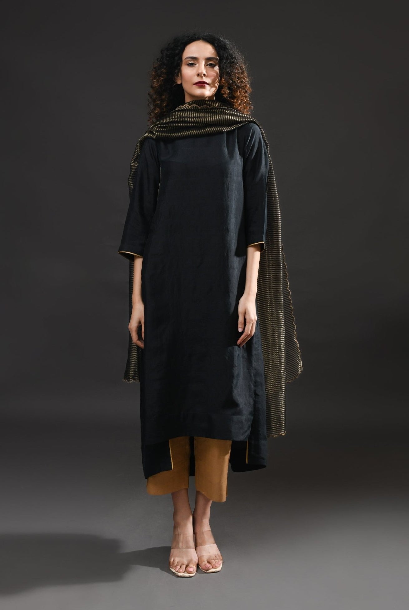 Back Gather Mulberry Silk Kurta Set with Striped Tissue Dupatta (Set of 3) - CiceroniKurta Set, Festive WearHiranya