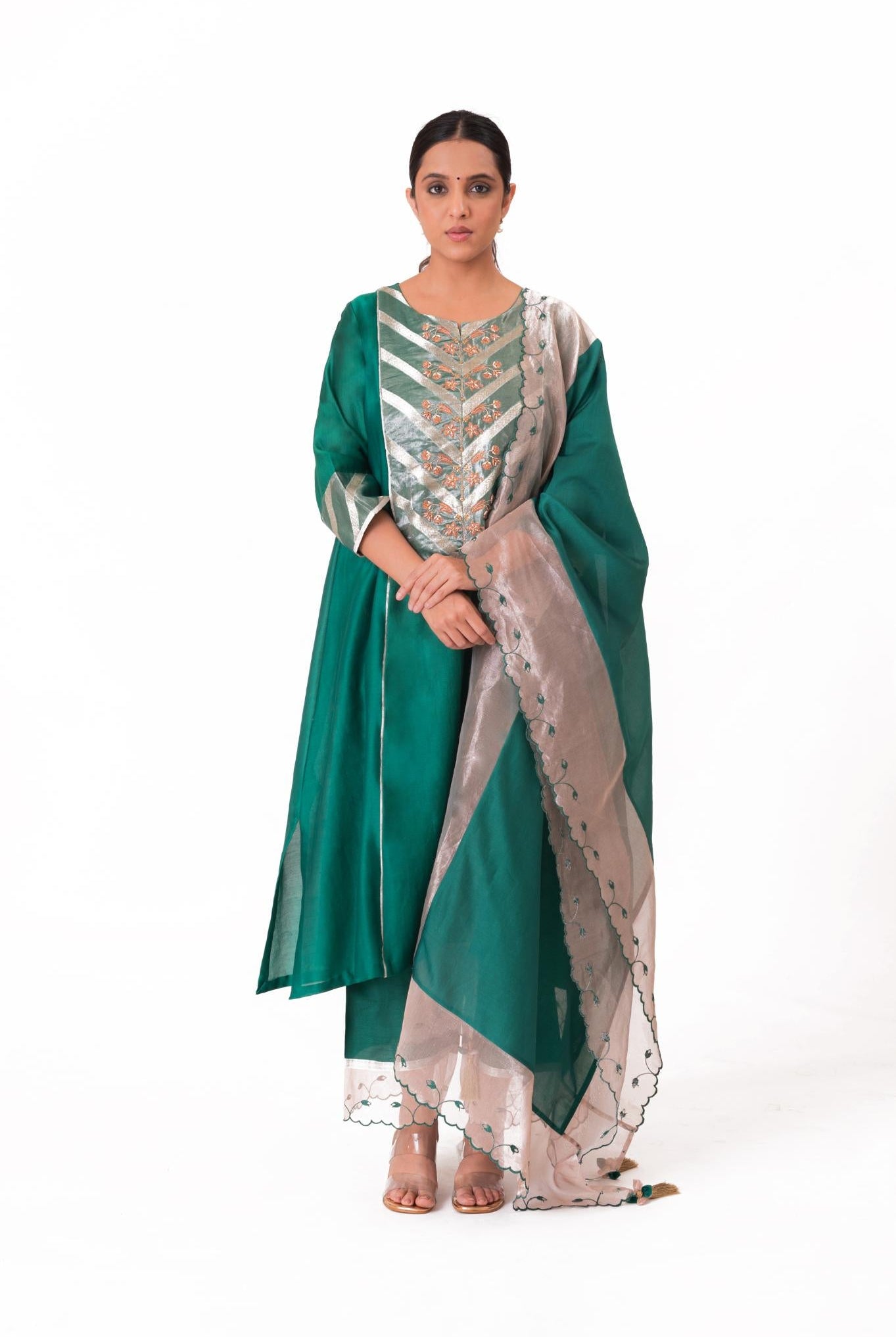 Banarasi Yoke Kurta Set - Emerald Green - CiceroniKurta Set, Festive wearBhavik Shah