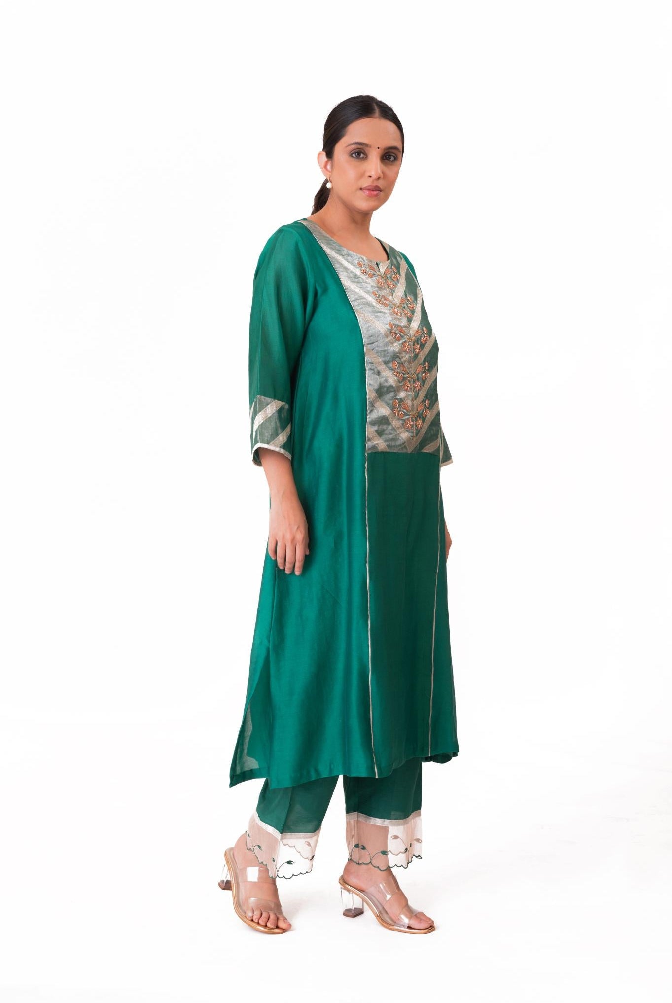Banarasi Yoke Kurta Set - Emerald Green - CiceroniKurta Set, Festive wearBhavik Shah